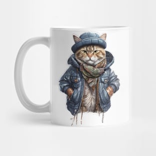 cute street cat wearing a leather jacket and hat Mug